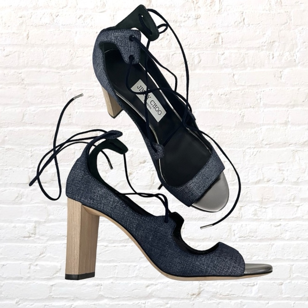 💕 Like 🆕 Jimmy Choo blue demin & wood tone accent lace up 3.5” block heel sandal
